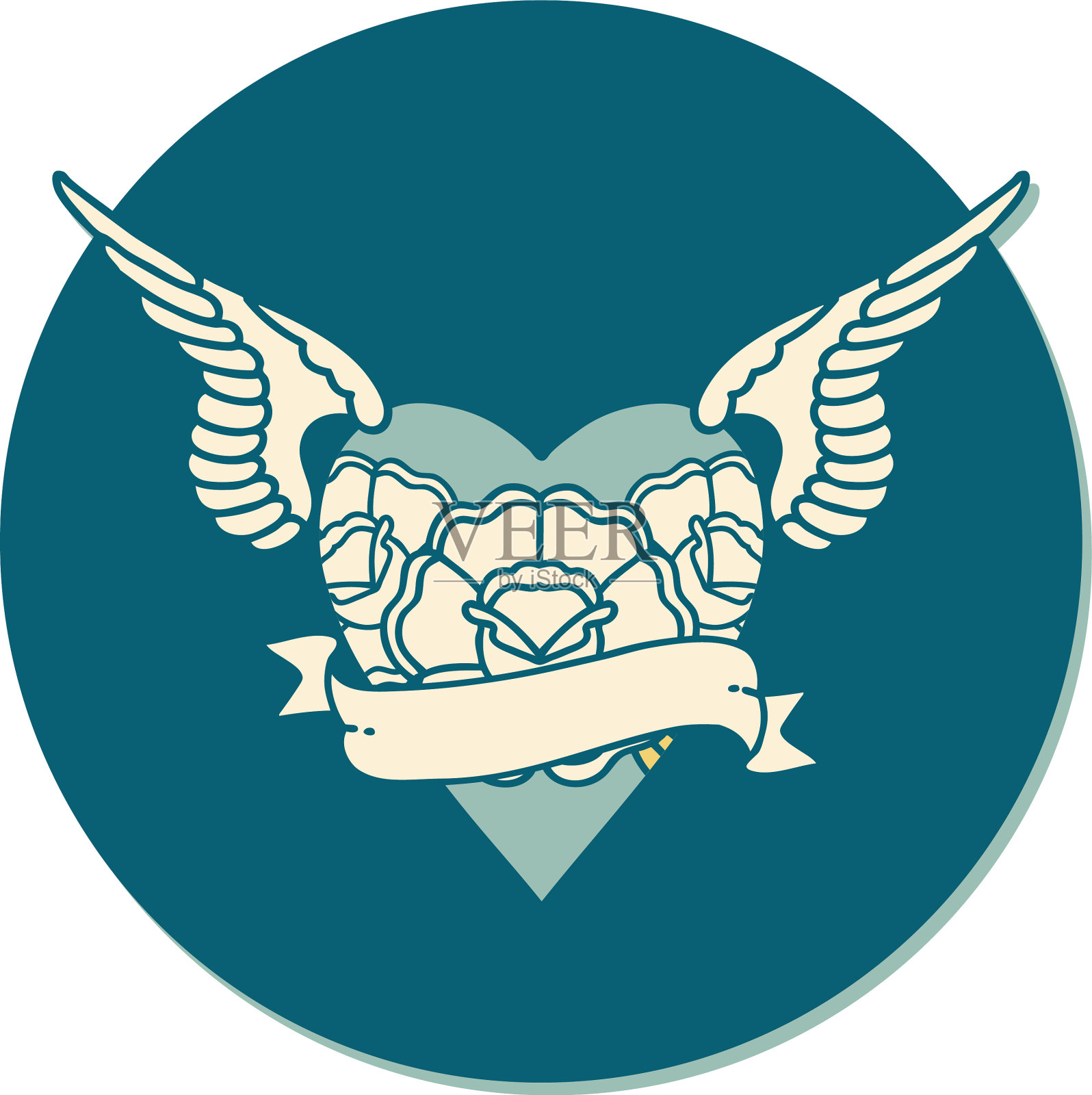 纹身风格贴纸的心与翅膀设计元素图片