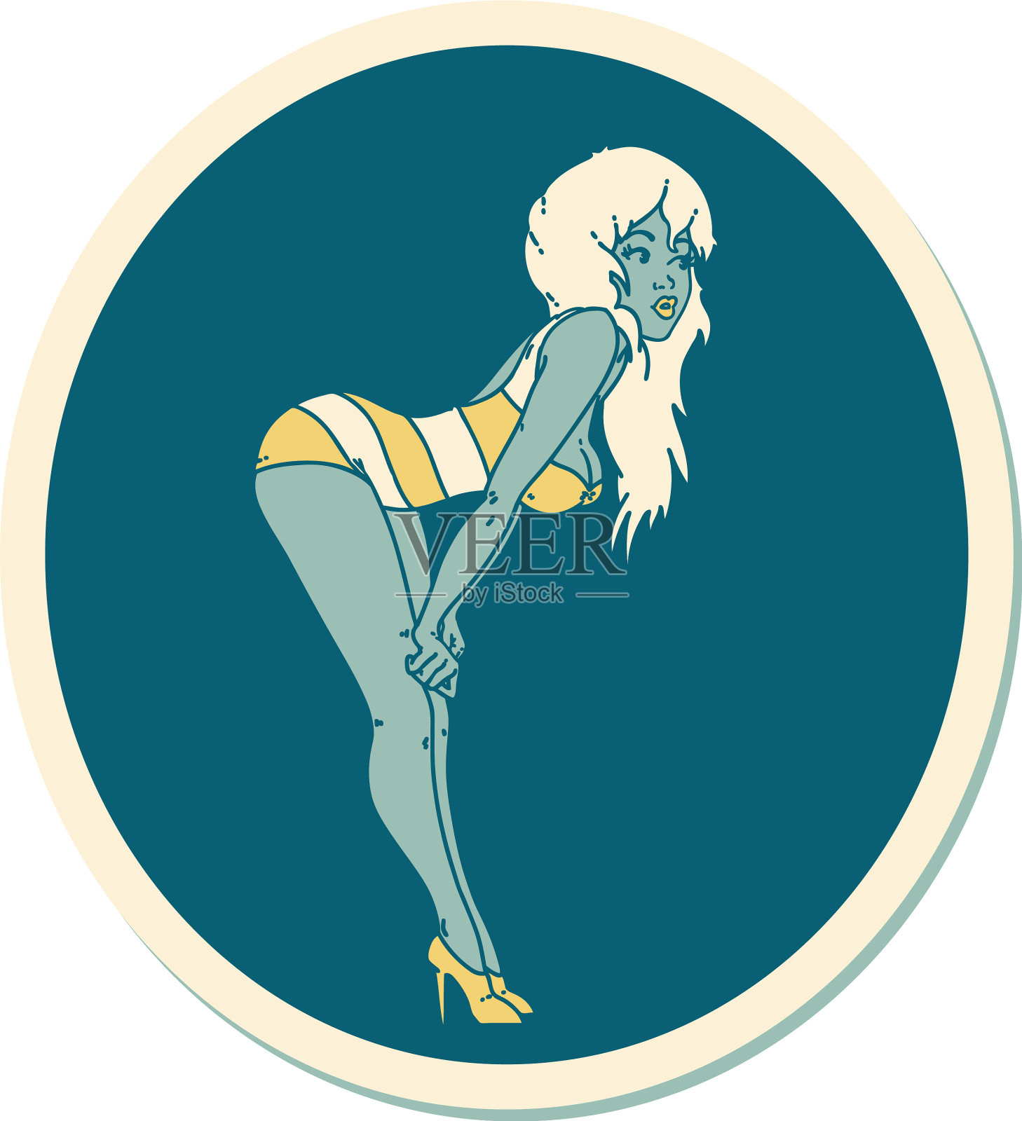 纹身风格贴纸，一个海报女郎在游泳设计元素图片