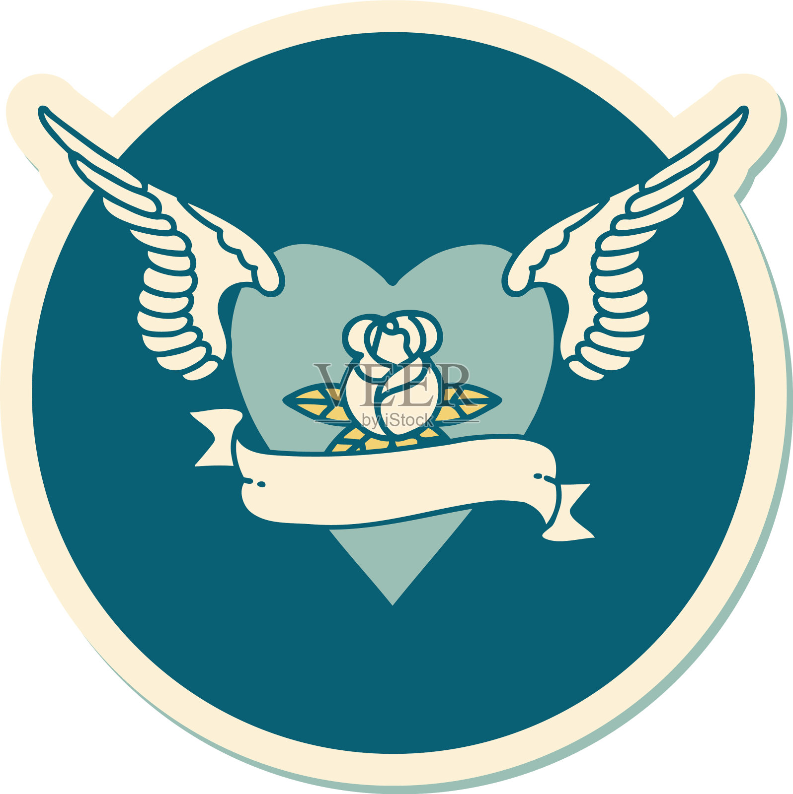 纹身风格贴纸心与翅膀的玫瑰设计元素图片