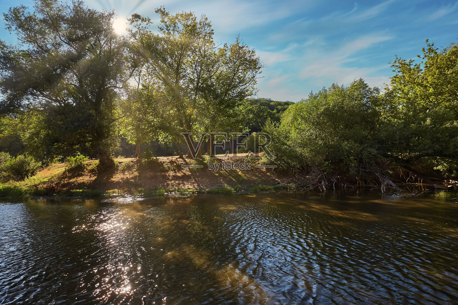 美丽的河流，许多绿色植物和树木，美丽的倒影在水中。照片摄影图片