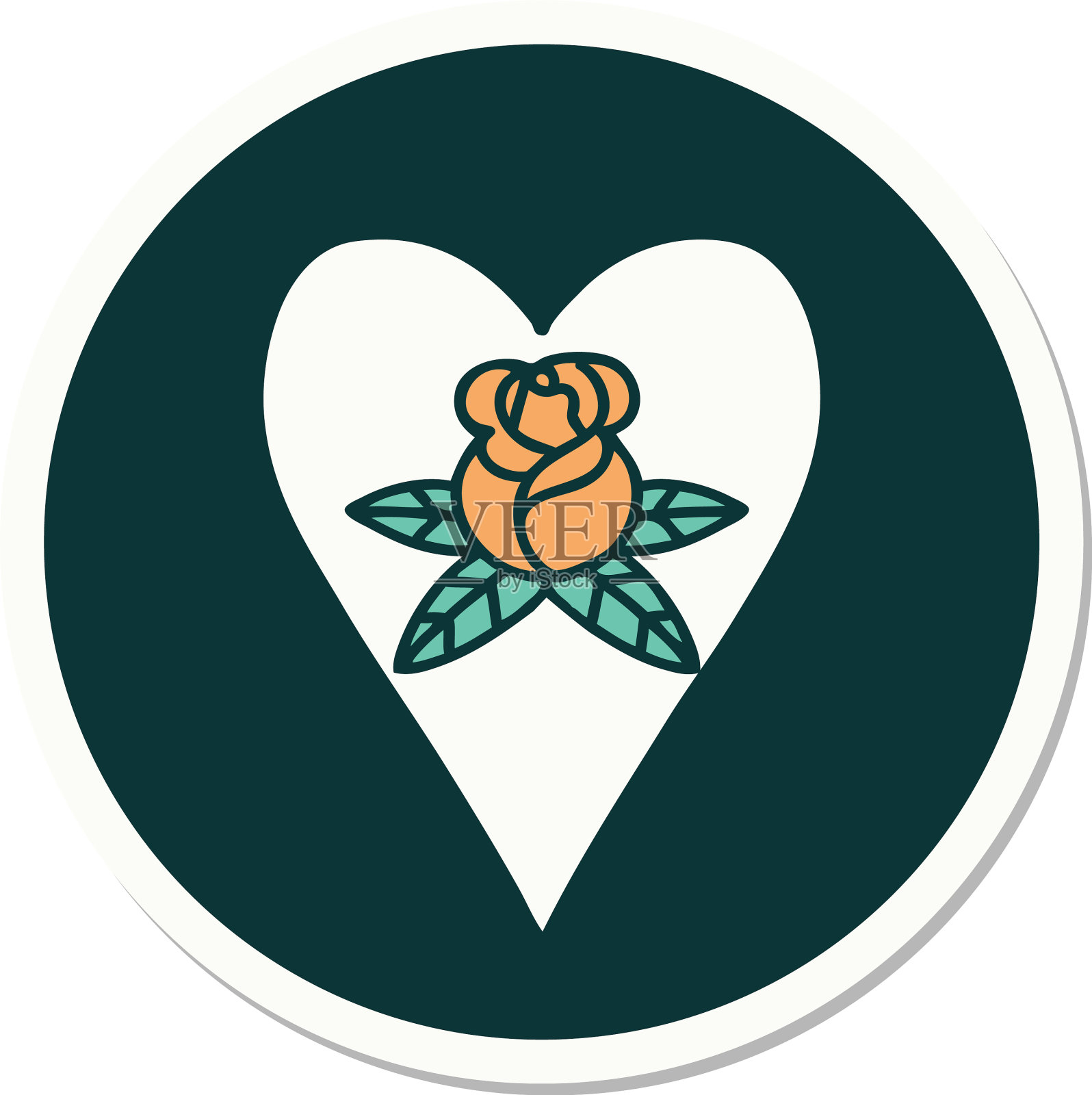 纹身风格贴纸心和花图标素材