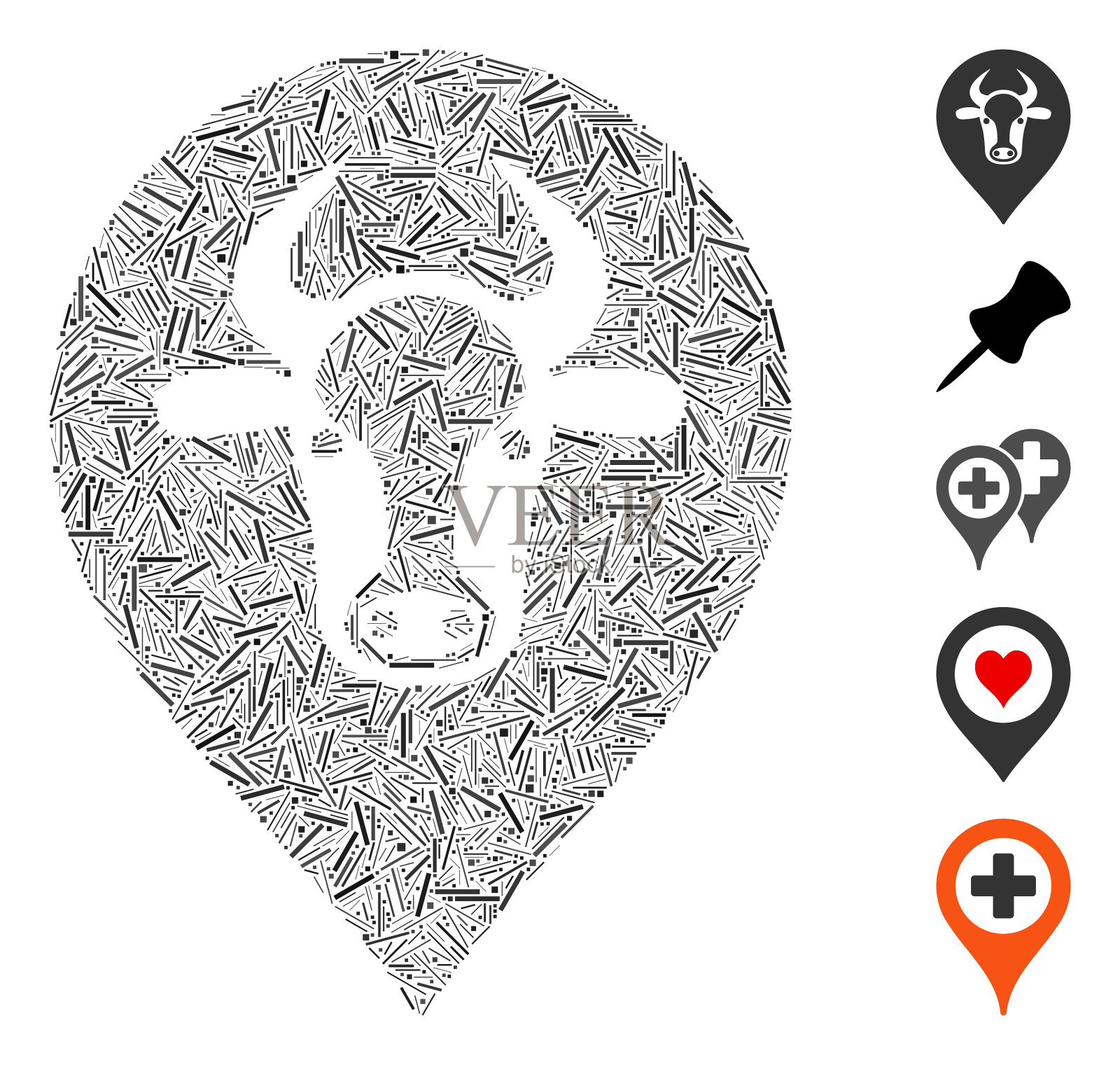 孵化奶牛地图指针图标拼贴插画图片素材