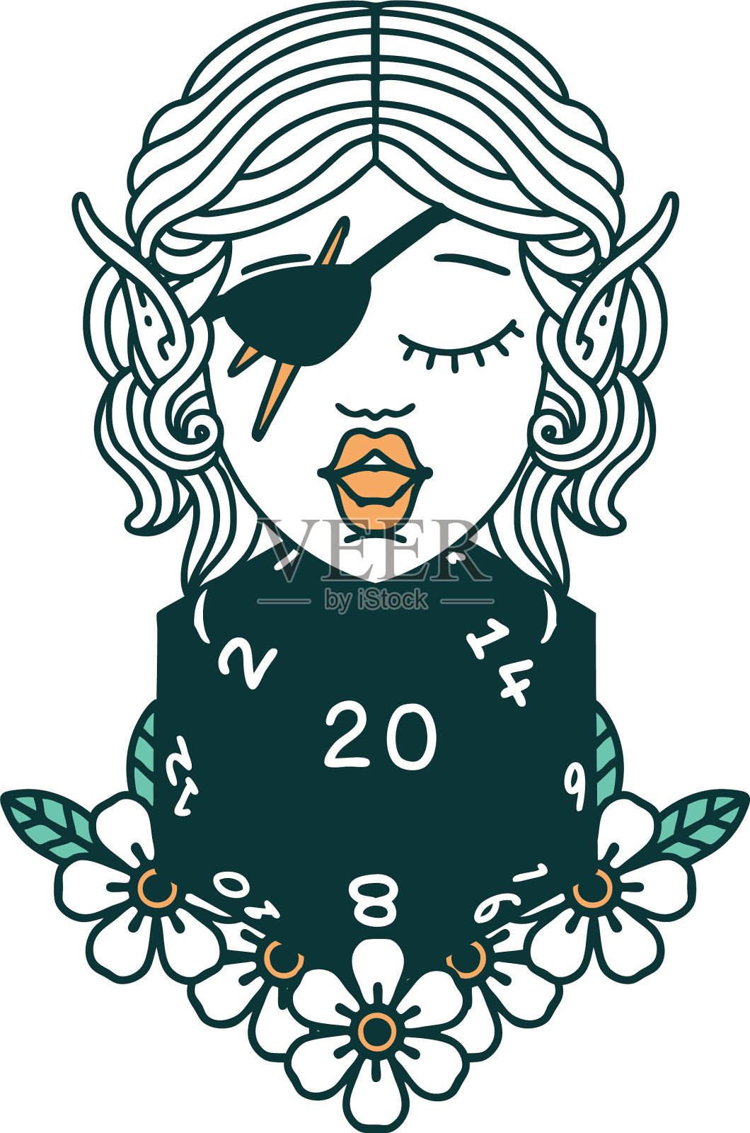 精灵盗贼角色与自然20骰子滚动设计元素图片