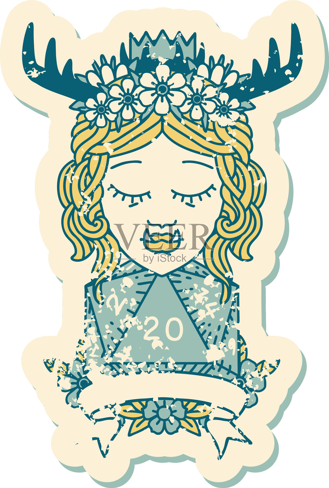 半兽人德鲁伊角色与自然20骰子滚动设计元素图片