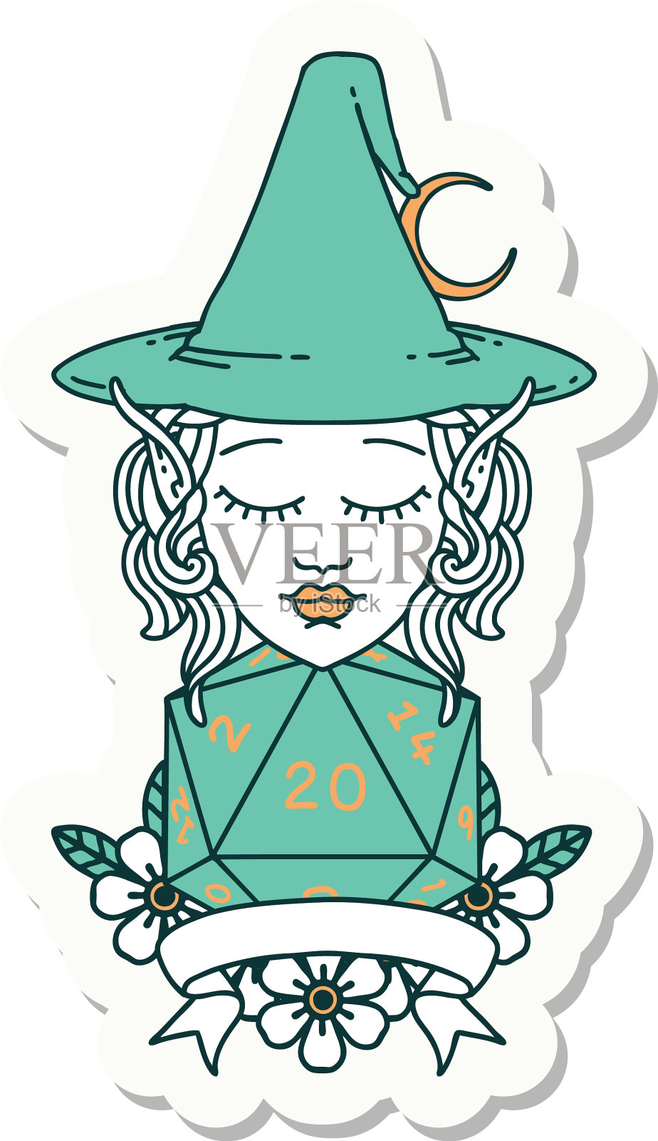 精灵法师角色与自然20骰子滚动设计元素图片