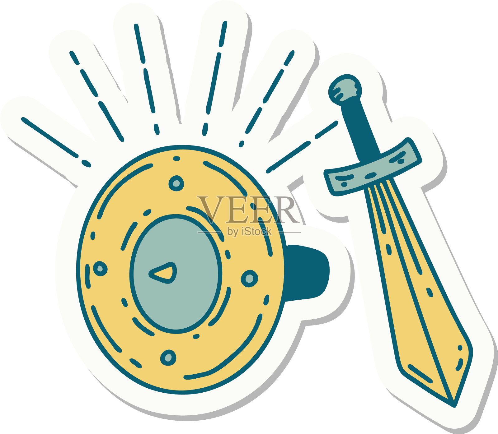 贴纸纹身风格的盾牌和剑设计元素图片