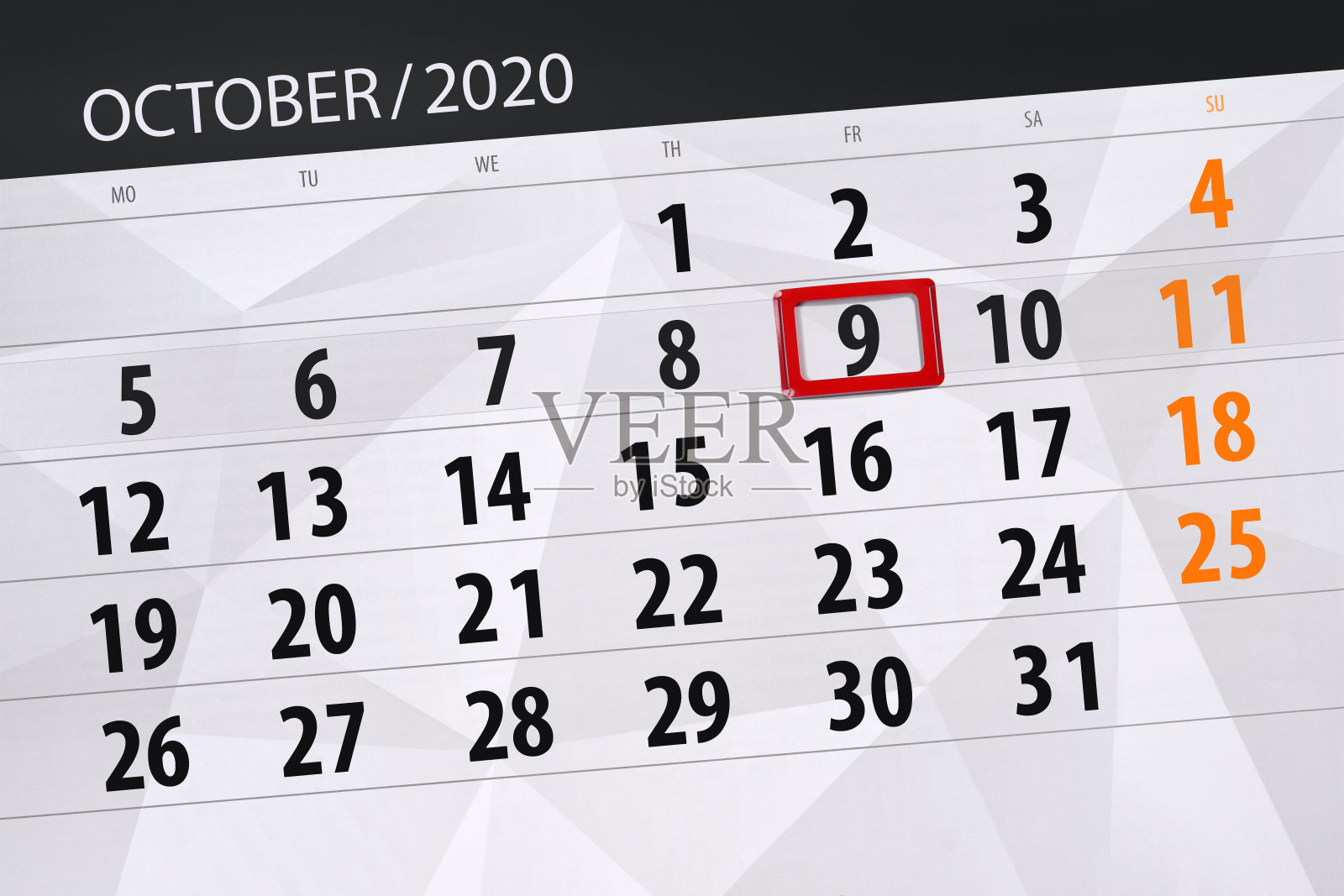 2020年10月的日历计划，截止日期，9日，周五设计模板素材
