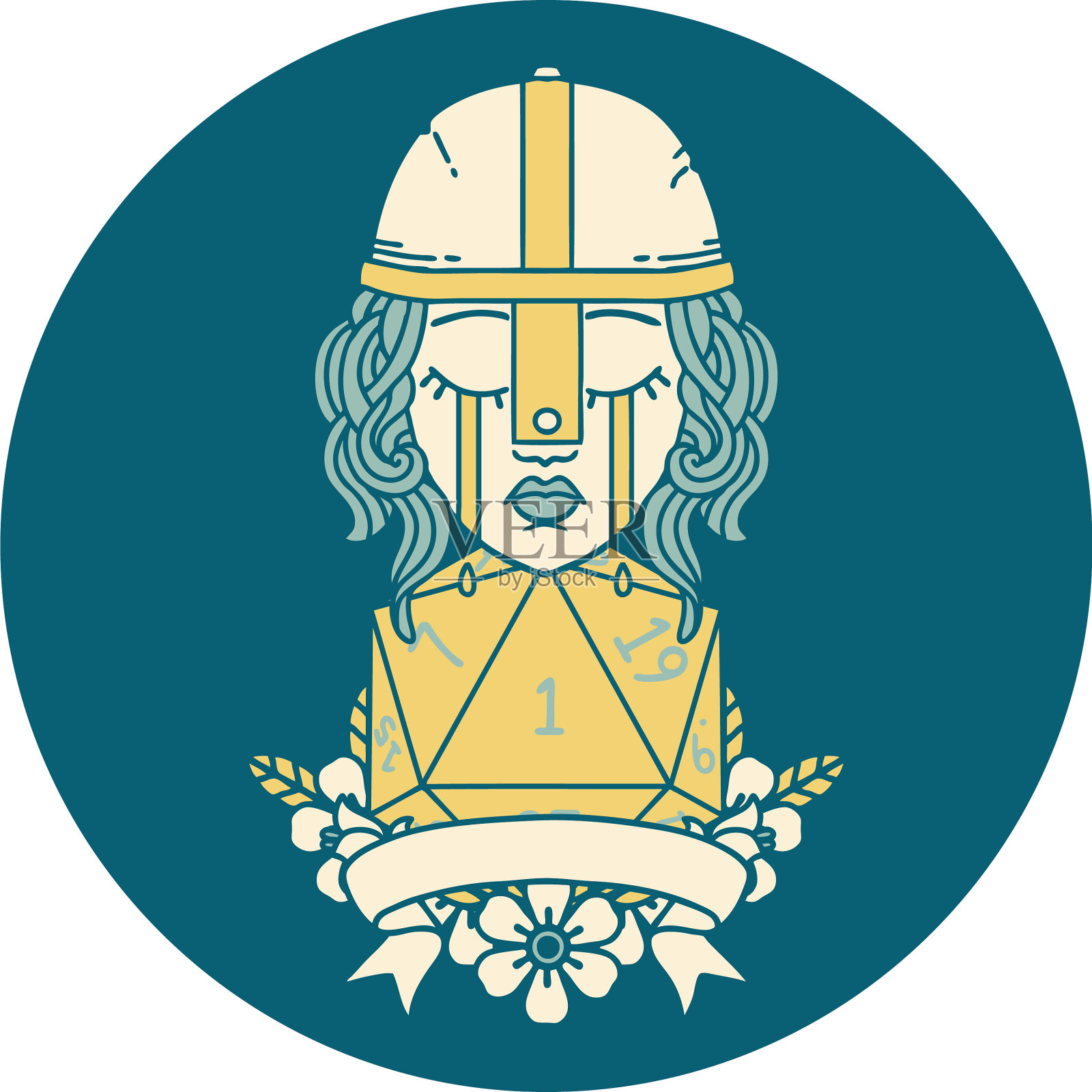 哭泣的人类战士与自然的一个d20骰子插画图片素材