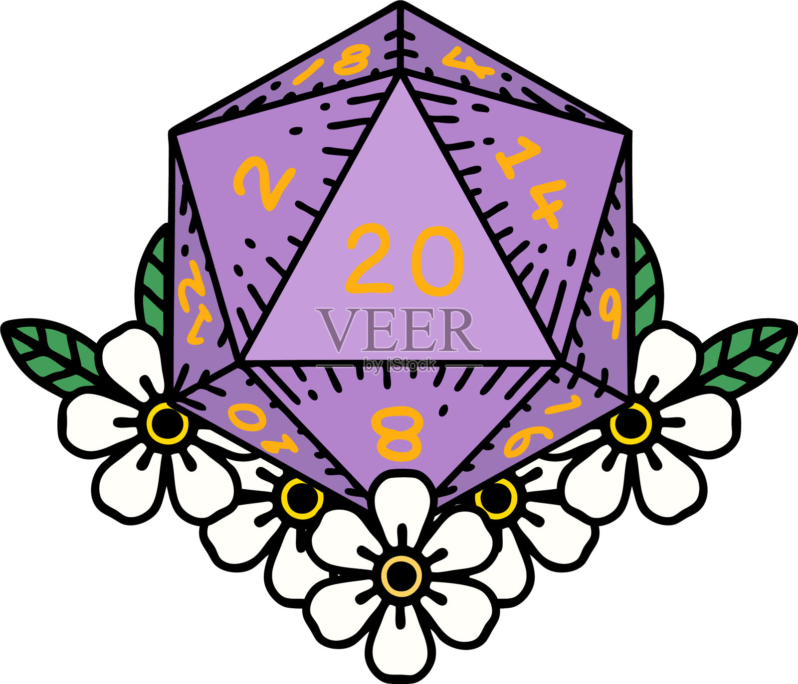 自然20 d20骰子滚动与花卉元素设计元素图片