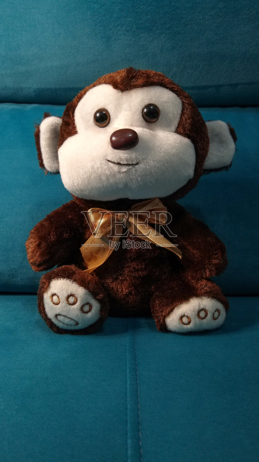 毛绒猴子坐在蓝色的沙发上。照片摄影图片