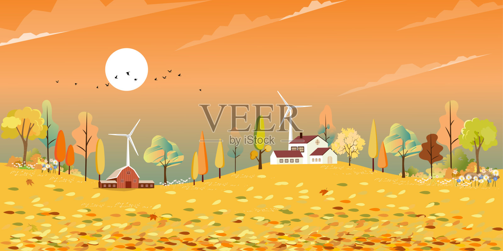 秋天的风景仙境在乡村与农场的田野，中秋在橙色的树叶自然，秋天的季节与美丽的全景乡村在阳光明媚的日子，枫叶落在山上。插画图片素材