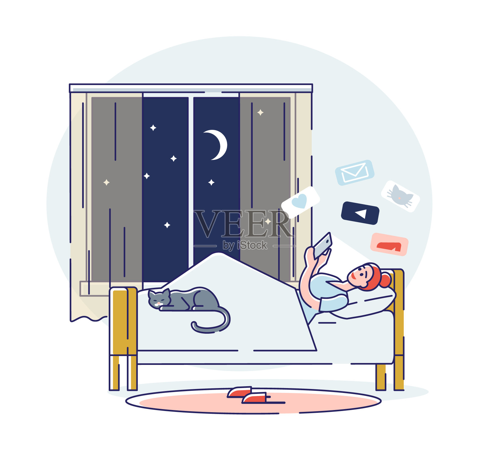 一名女子晚上睡觉前躺在床上用智能手机在社交媒体上聊天插画图片素材