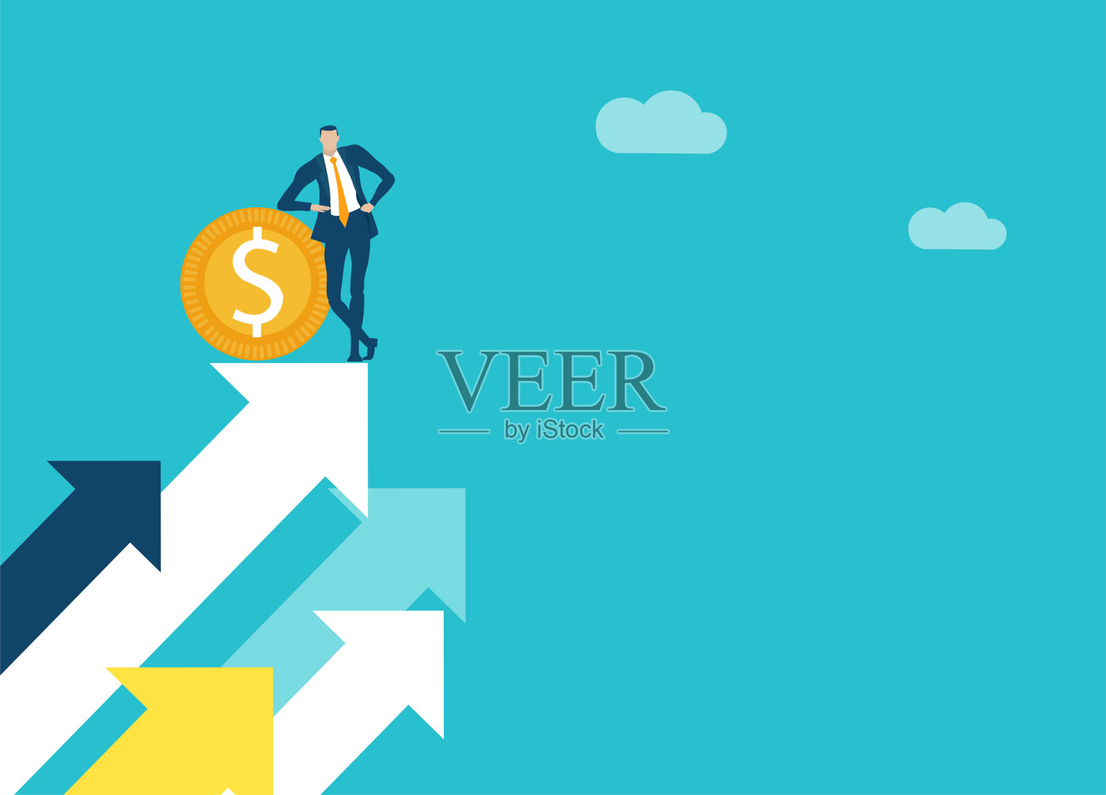 成功的商人高高站在箭头上，作为成就和成功的象征。业务概念说明插画图片素材