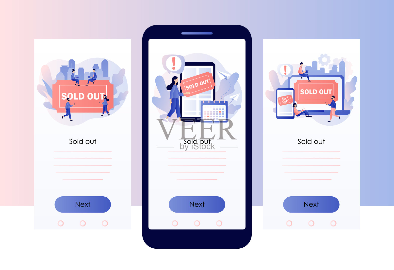 售罄的活动，售罄的人群，没有票的概念。在线预订系统。手机智能手机屏幕模板。现代平面卡通风格。矢量插图上的白色背景插画图片素材