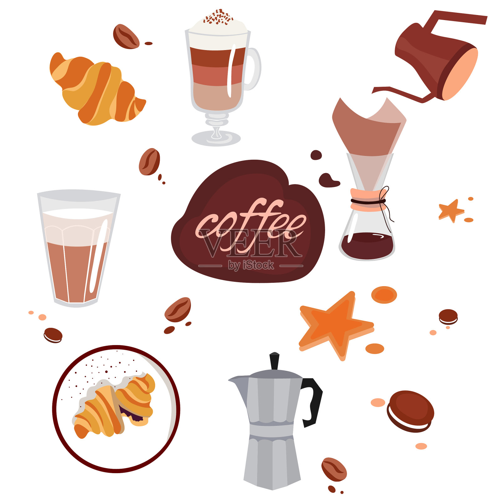 明信片，咖啡壶，咖啡杯和羊角面包。美式咖啡,卡布奇诺,拿铁咖啡。矢量插图。咖啡。插画图片素材