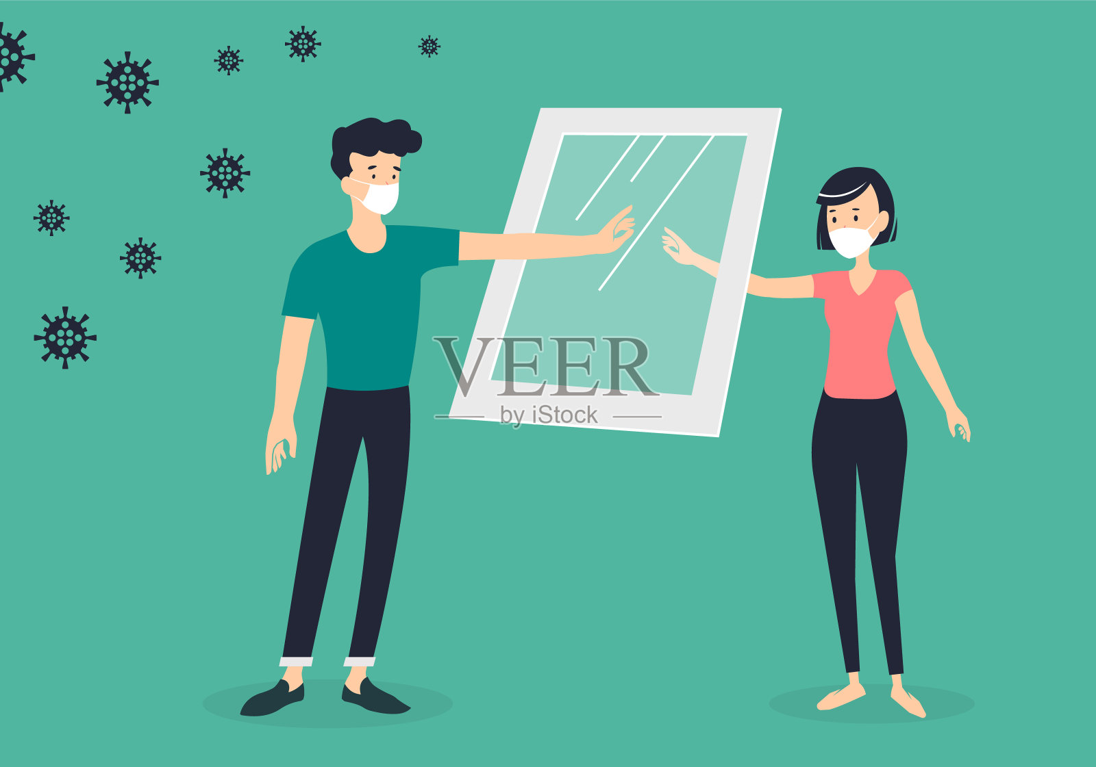 蒙面男女被玻璃隔开。插画图片素材