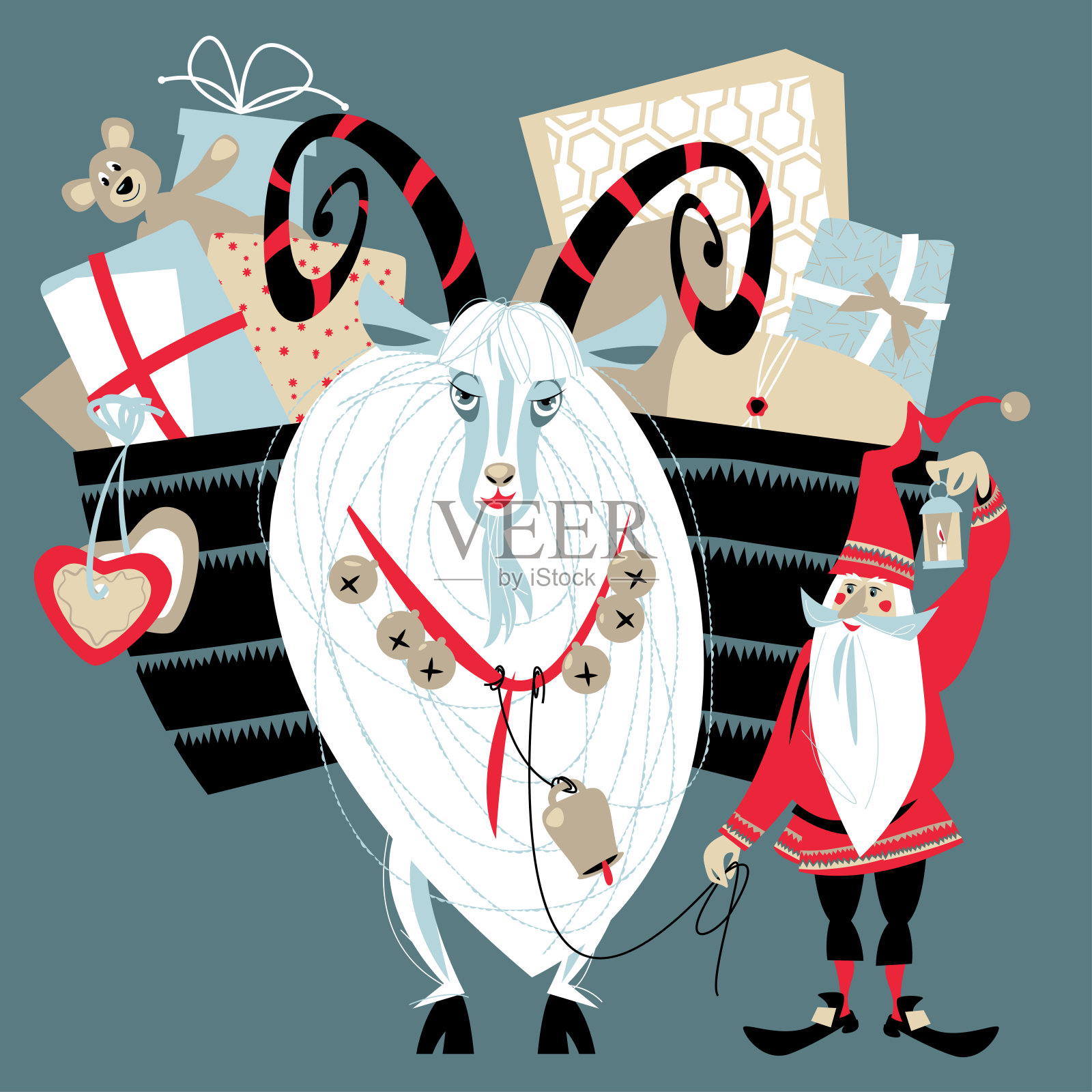 圣诞侏儒和圣诞山羊带着礼物篮。斯堪的纳维亚的圣诞传统。插画图片素材