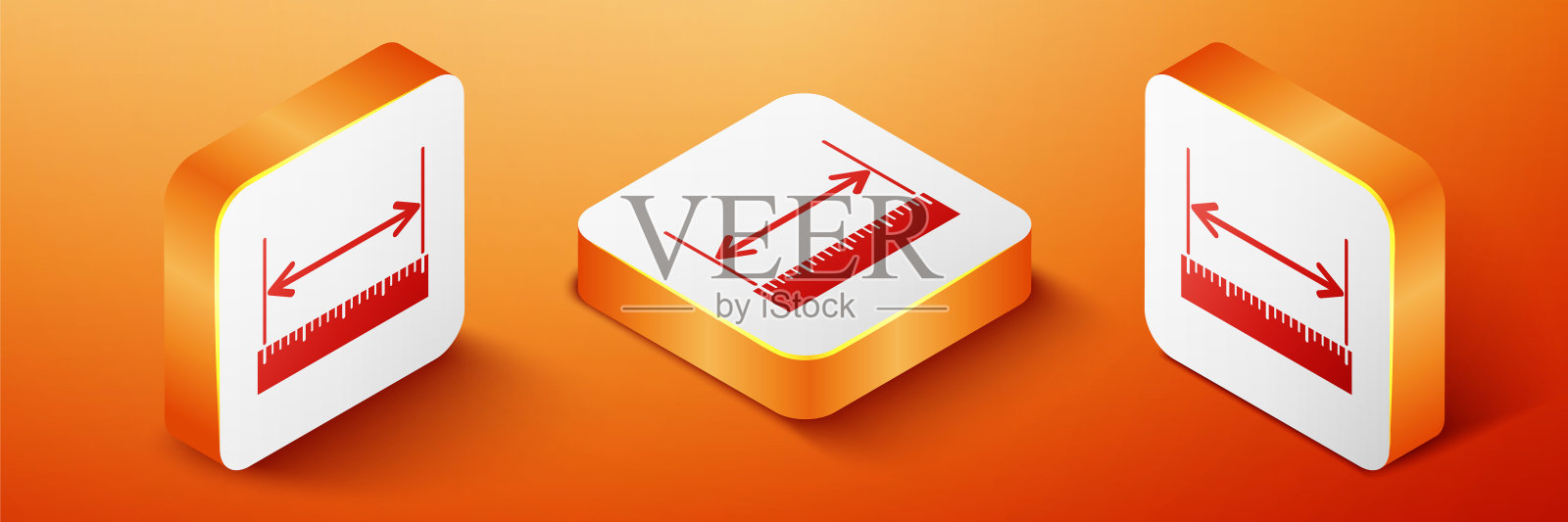 等距的测量高度和长度图标隔离在橙色背景。尺子、直尺、刻度符号。橙色平方按钮。向量插画图片素材