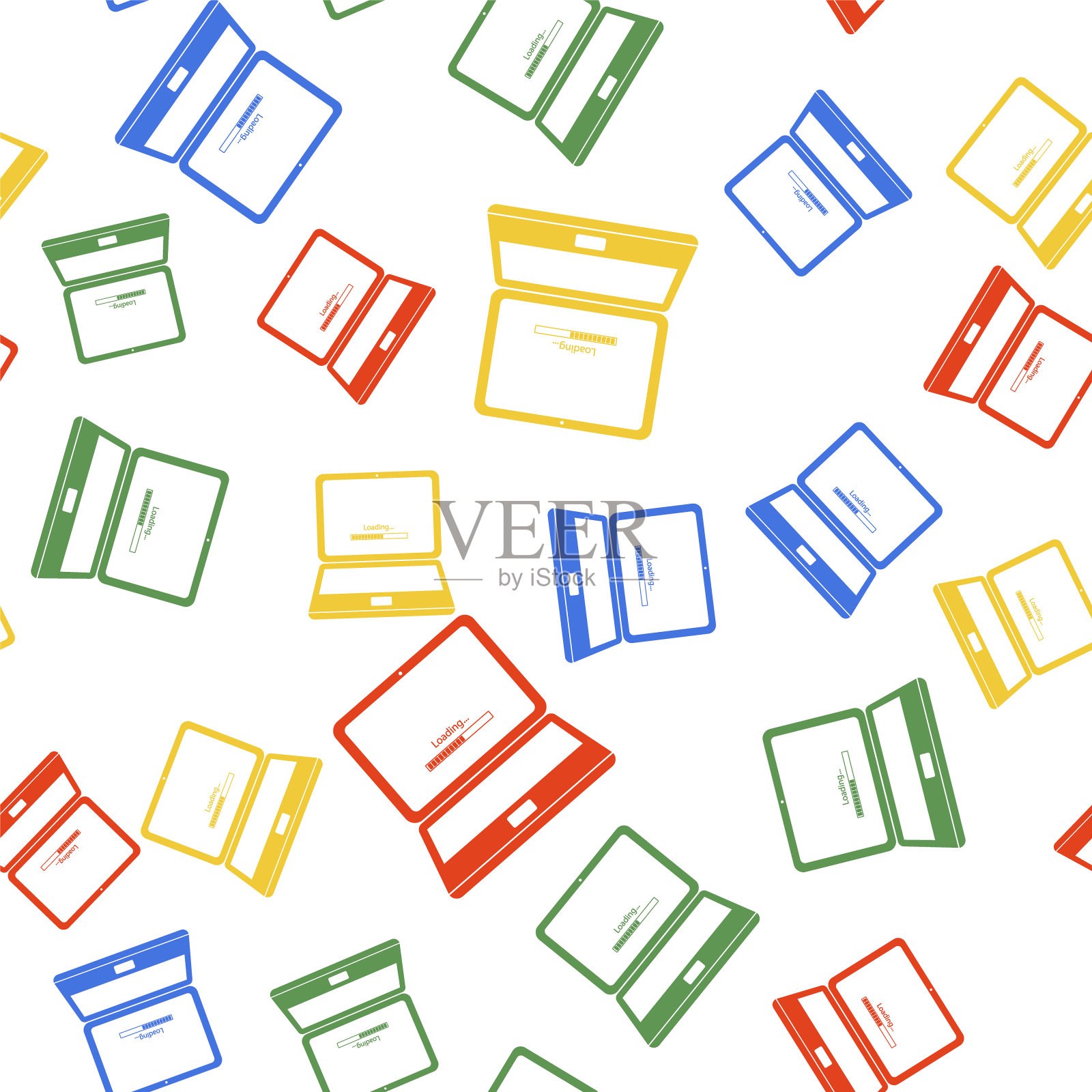 白色背景上的彩色笔记本电脑更新加载进度条图标无缝图案。系统软件更新。笔记本电脑屏幕上的加载过程。矢量图插画图片素材