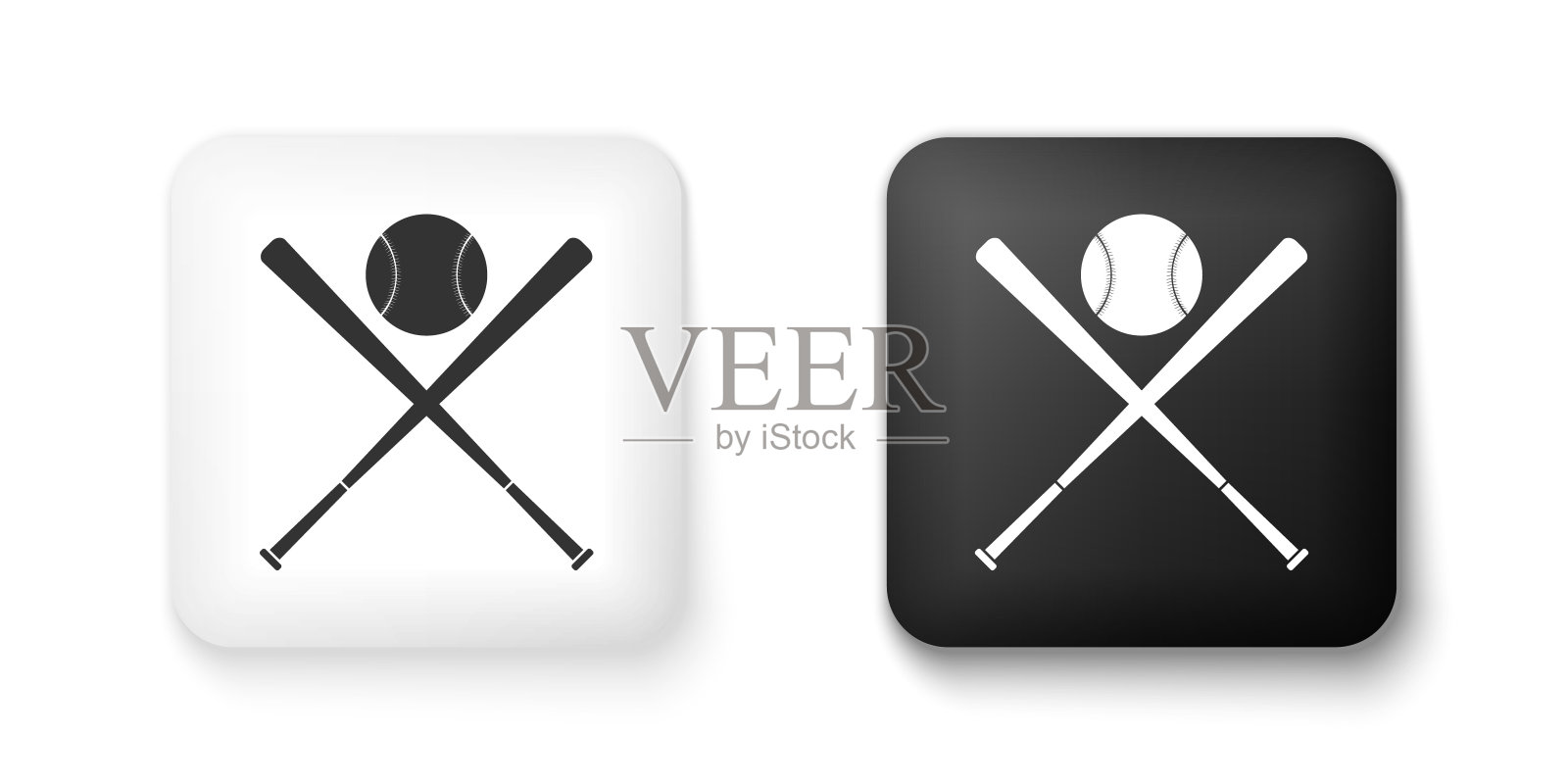 黑白交叉棒球棒和球图标孤立在白色背景。方形按钮。向量图标素材