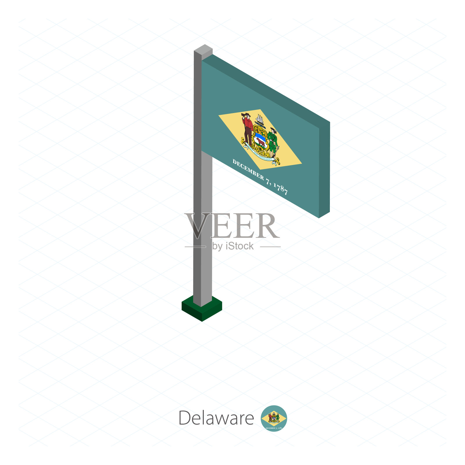 美国特拉华州旗杆上的国旗等距尺寸。插画图片素材