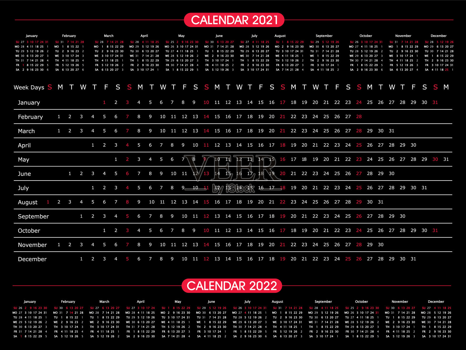 日历年2021水平矢量设计模板。黑色和红色设计模板素材