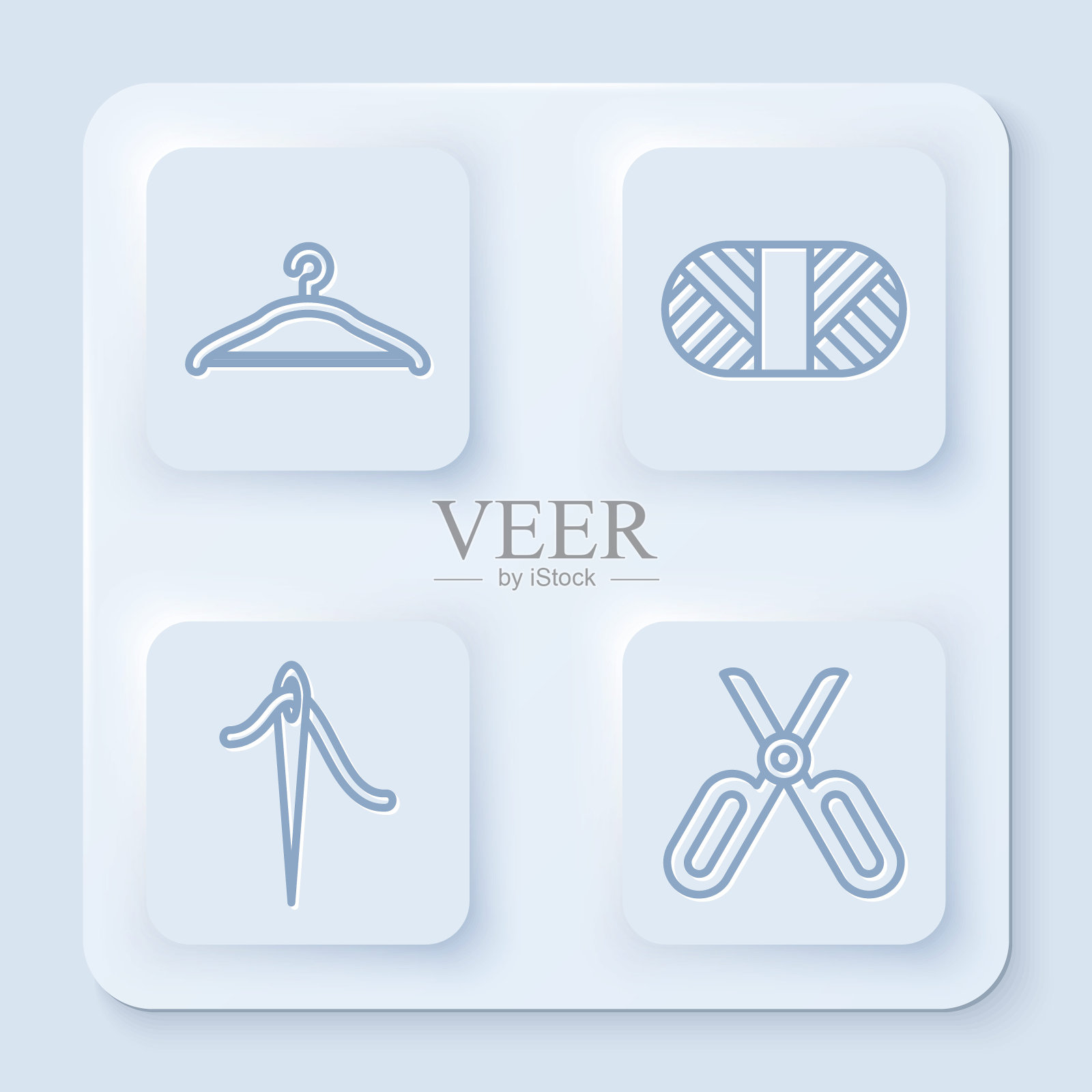 设线架衣柜，线轴上缝线，线针和剪刀。白色正方形按钮。向量插画图片素材