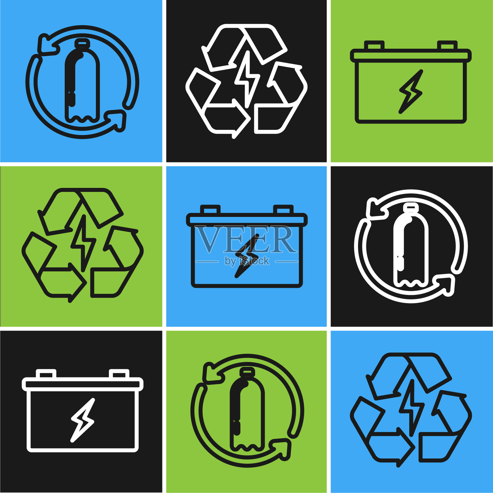 设置回收塑料瓶、汽车电池和带有回收标志图标的电池。向量插画图片素材