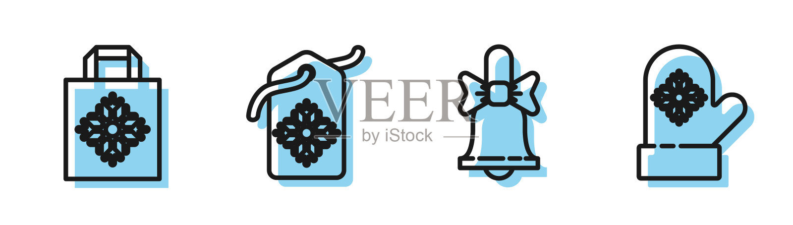 集行圣诞快乐钟声，圣诞纸购物袋，价格标签与铭文销售和圣诞连指手套图标。向量图标素材