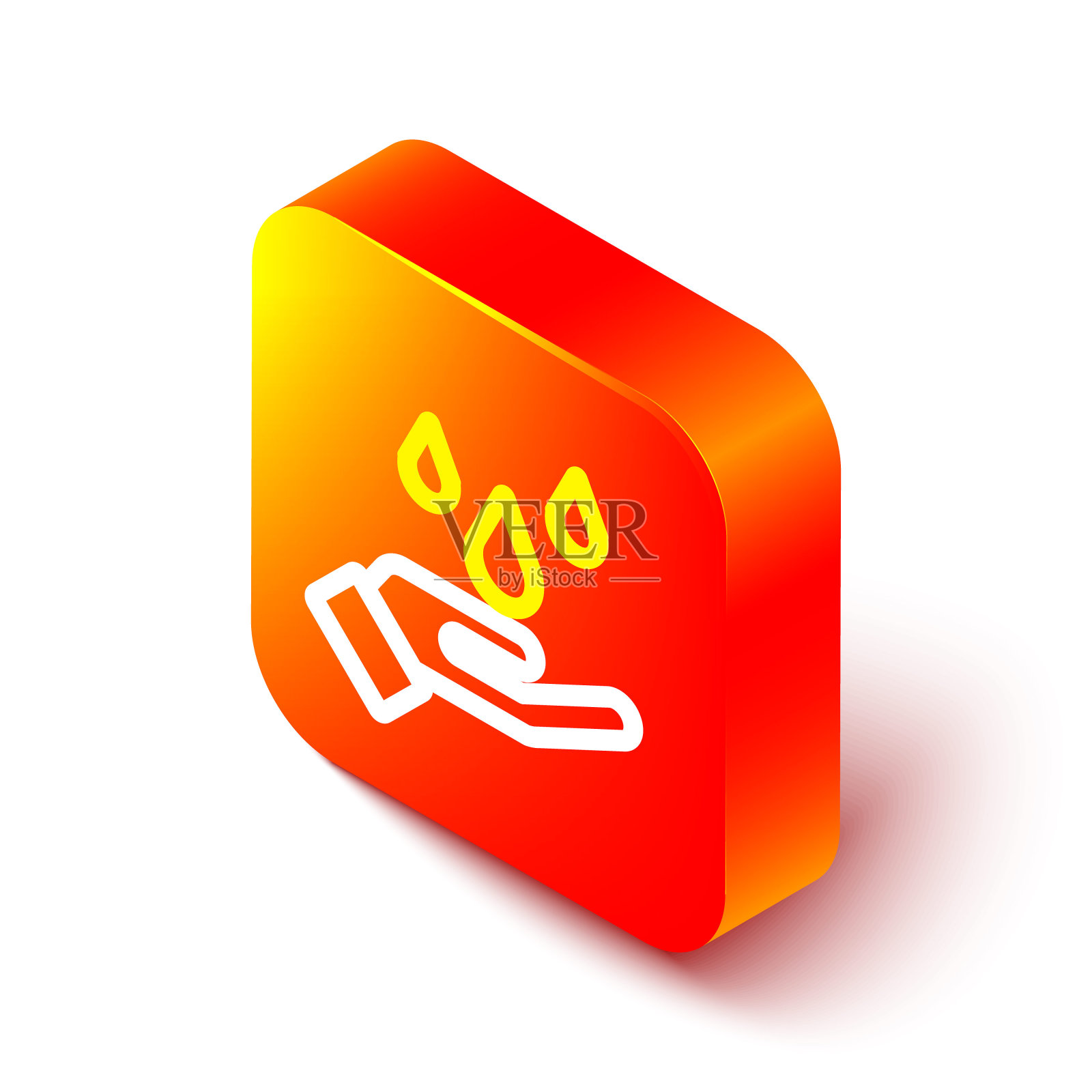 等距线洗手用肥皂图标隔离在白色背景。用肥皂洗手可以预防病毒和细菌。橙色平方按钮。向量设计元素图片