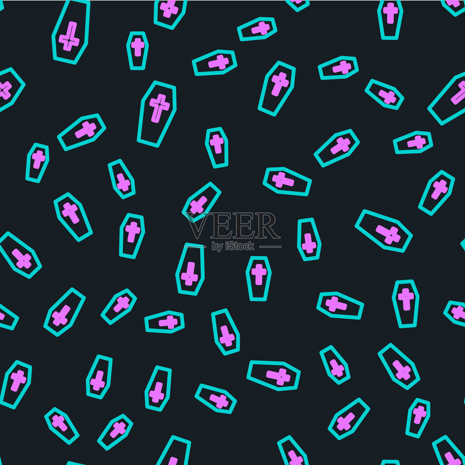 棺材线与基督教十字架图标孤立无缝模式在黑色背景。快乐的万圣节派对。向量插画图片素材