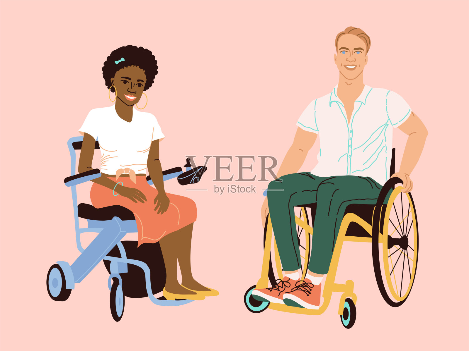 一对坐在轮椅上的男女。插画图片素材
