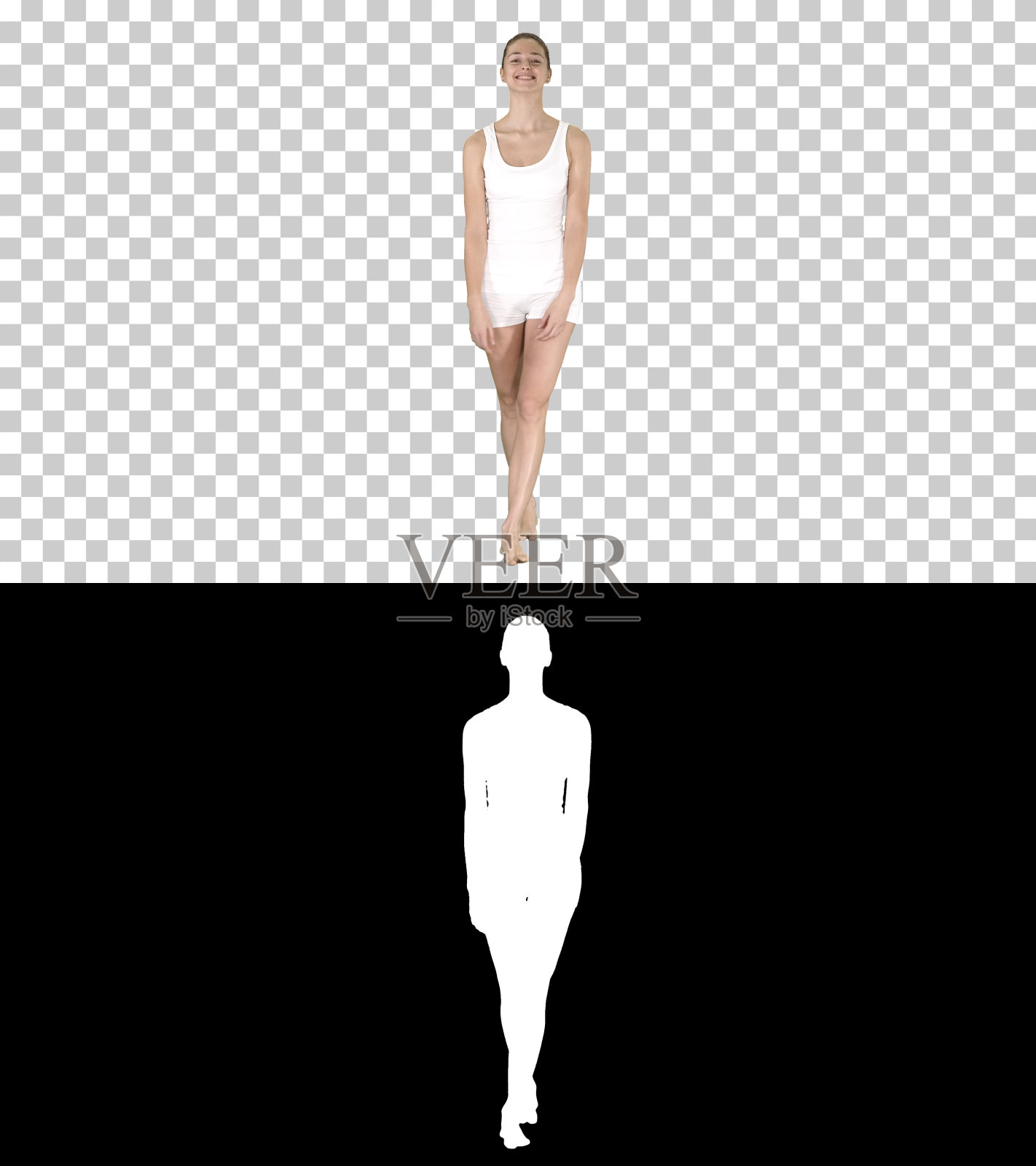 年轻女子走在白色的运动服赤脚和广泛微笑，阿尔法频道照片摄影图片