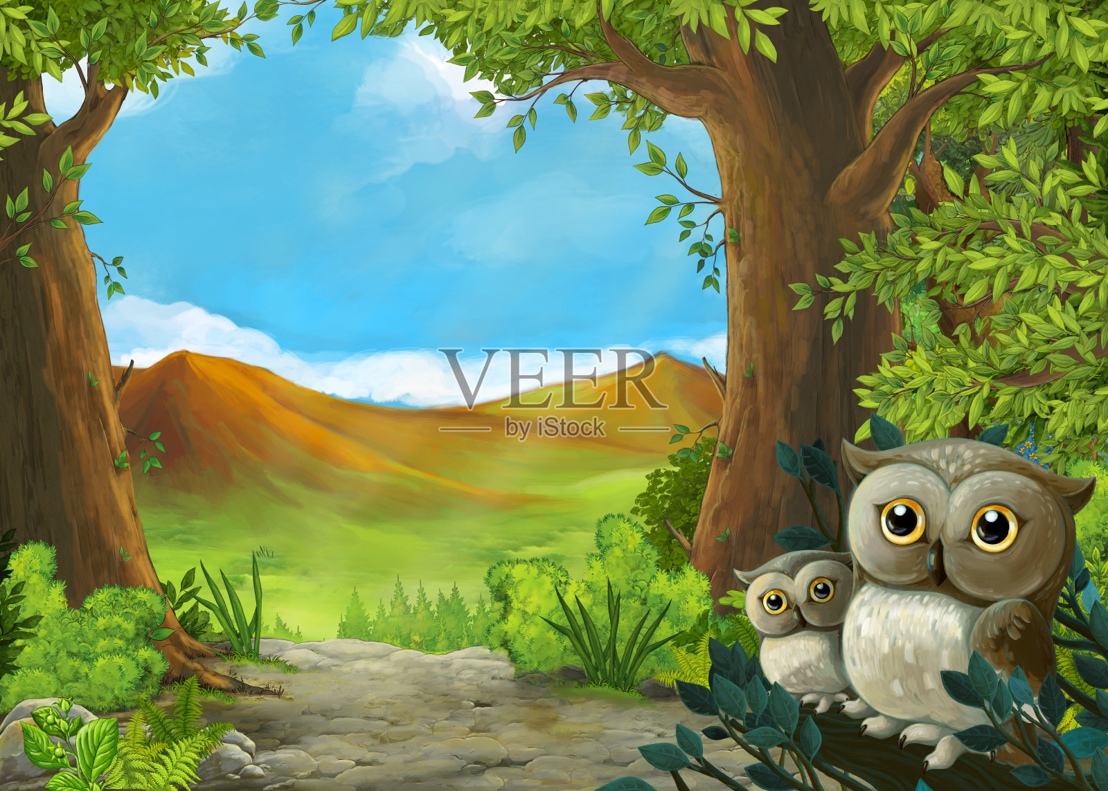 卡通场景与猫头鹰在森林和路径到某处-插图插画图片素材