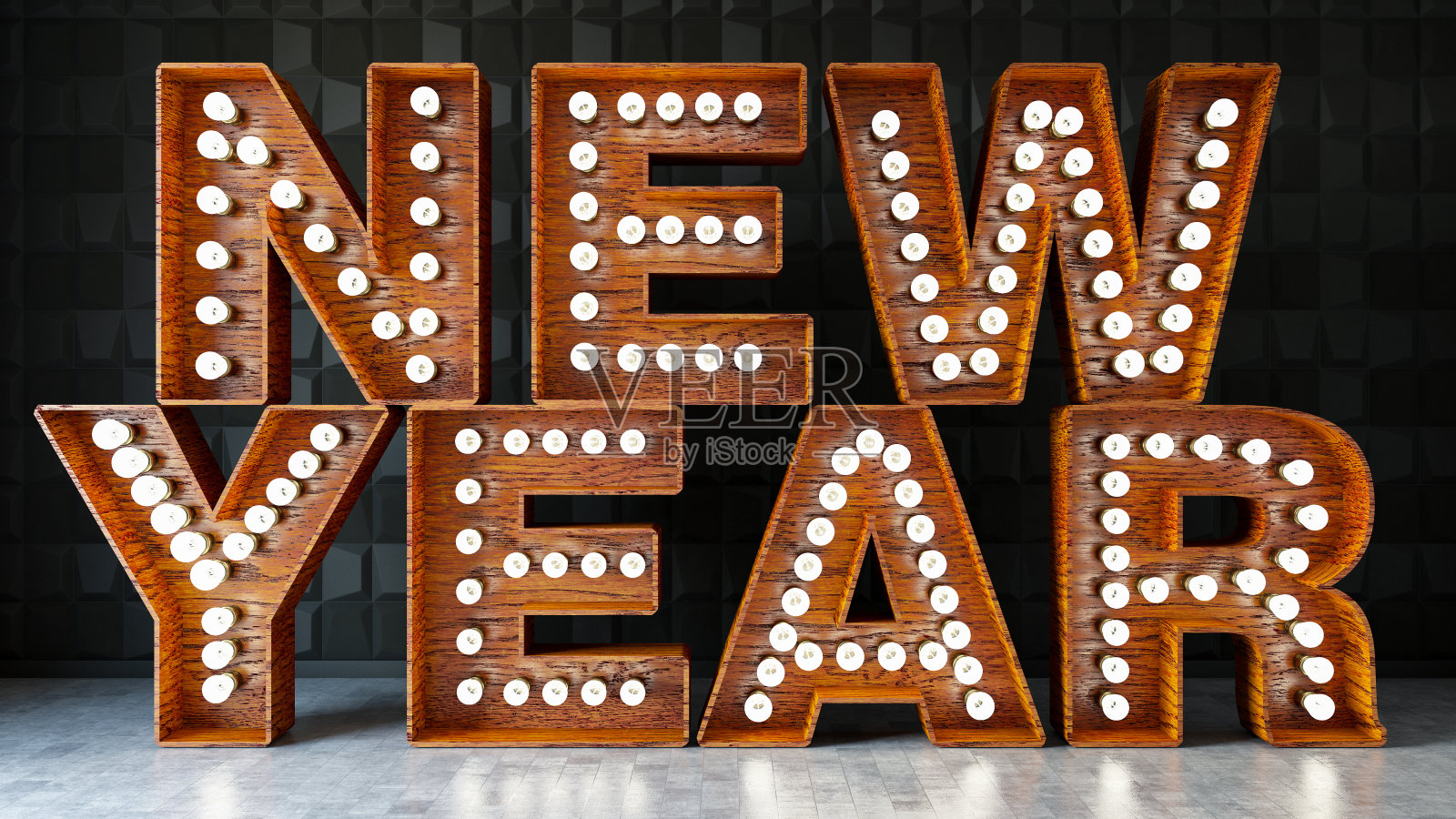 黑色砖墙上的新年灯泡标志照片摄影图片