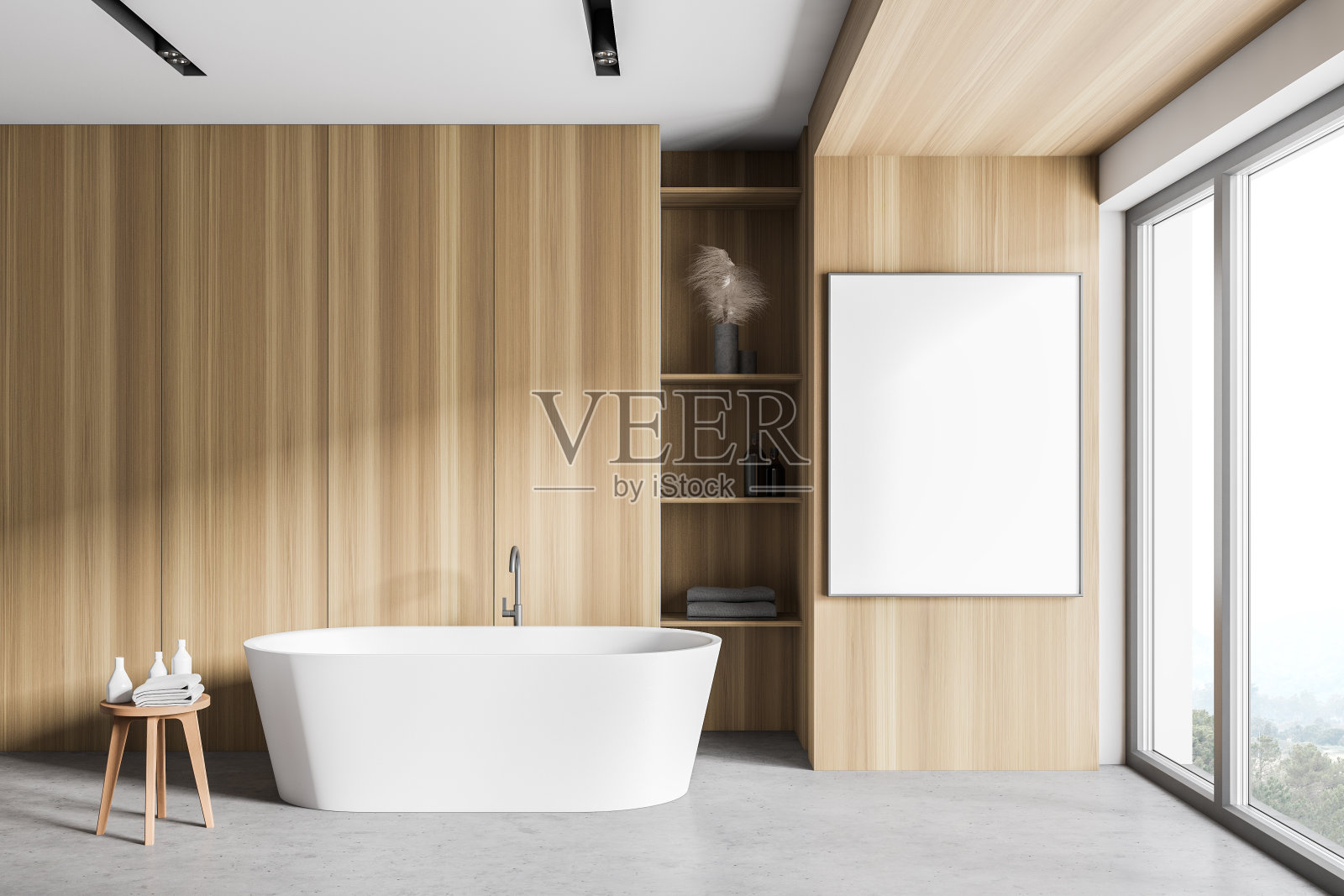 白色木制浴室，浴缸和海报照片摄影图片