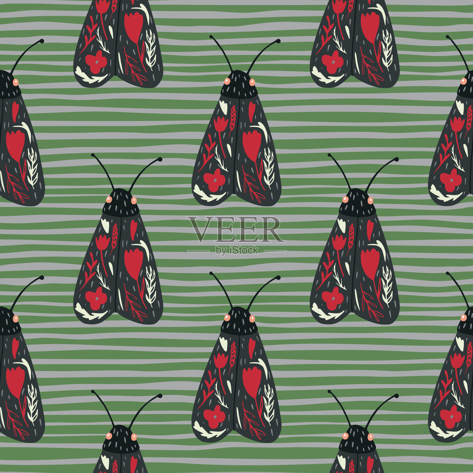 蝴蝶民间造型无缝涂鸦图案。蛾剪影与红色民间装饰在绿色条纹的背景。插画图片素材
