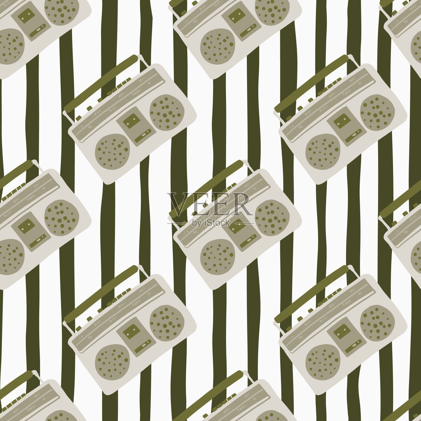浅灰色磁带录音机剪影无缝涂鸦图案。黑白背景与白色条。插画图片素材