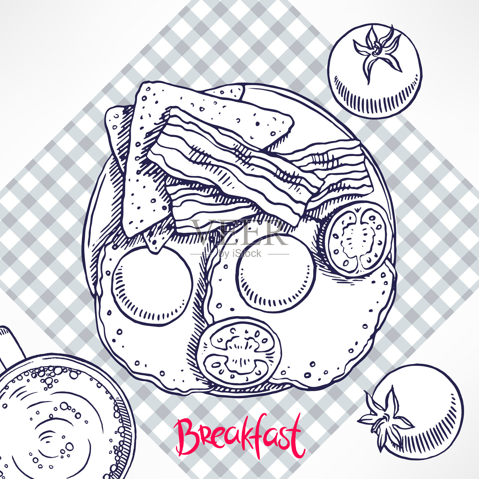 早餐是培根炒蛋和西红柿插画图片素材