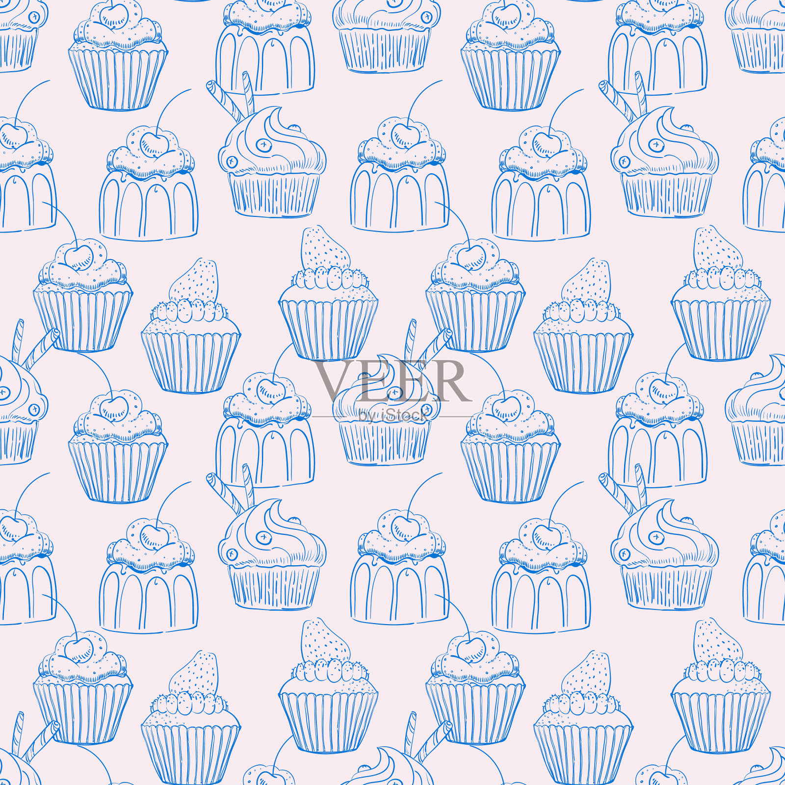 无缝蓝色可爱纸杯蛋糕插画图片素材