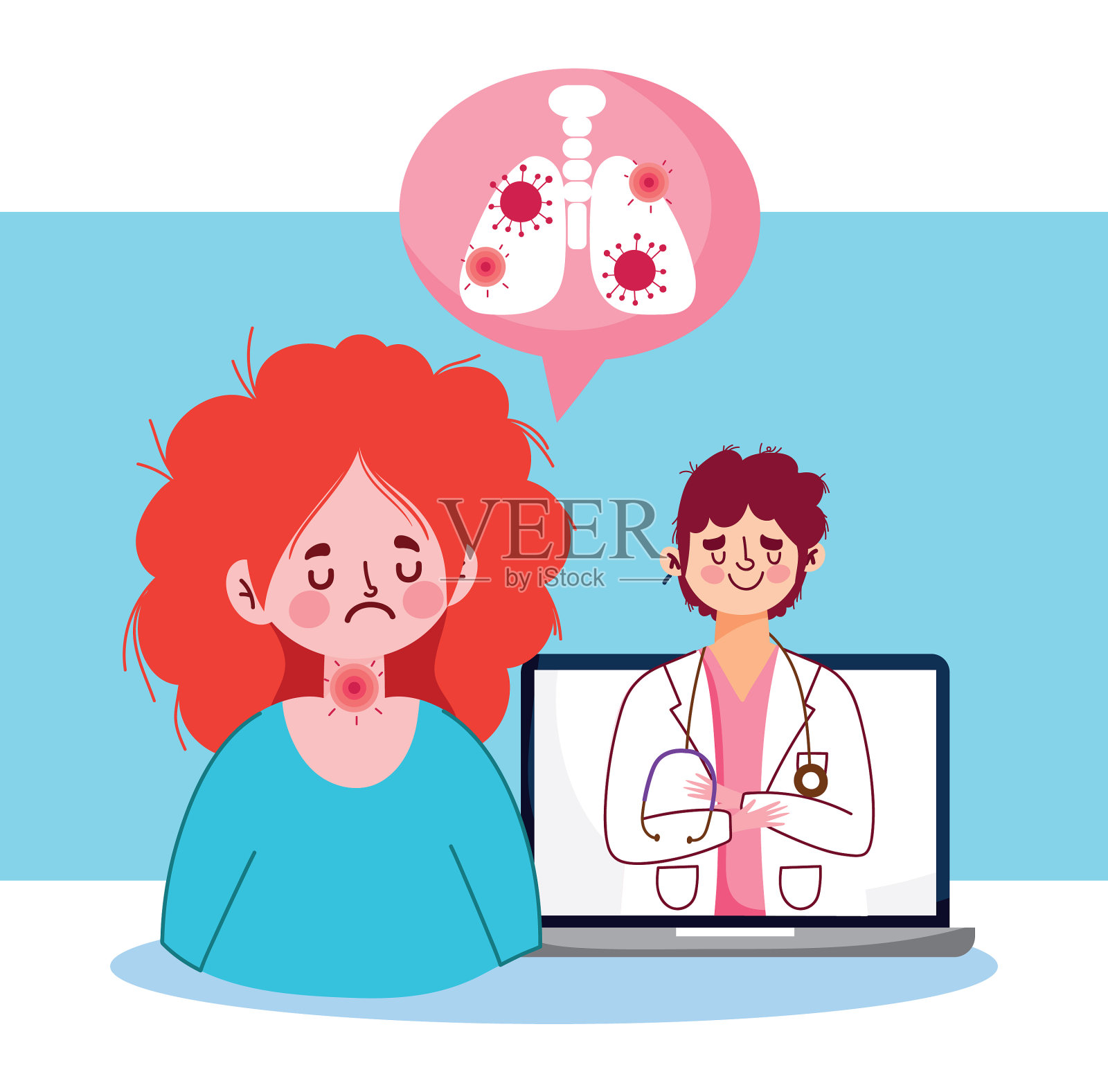 咽喉痛的女人，男医生和笔记本电脑插画图片素材