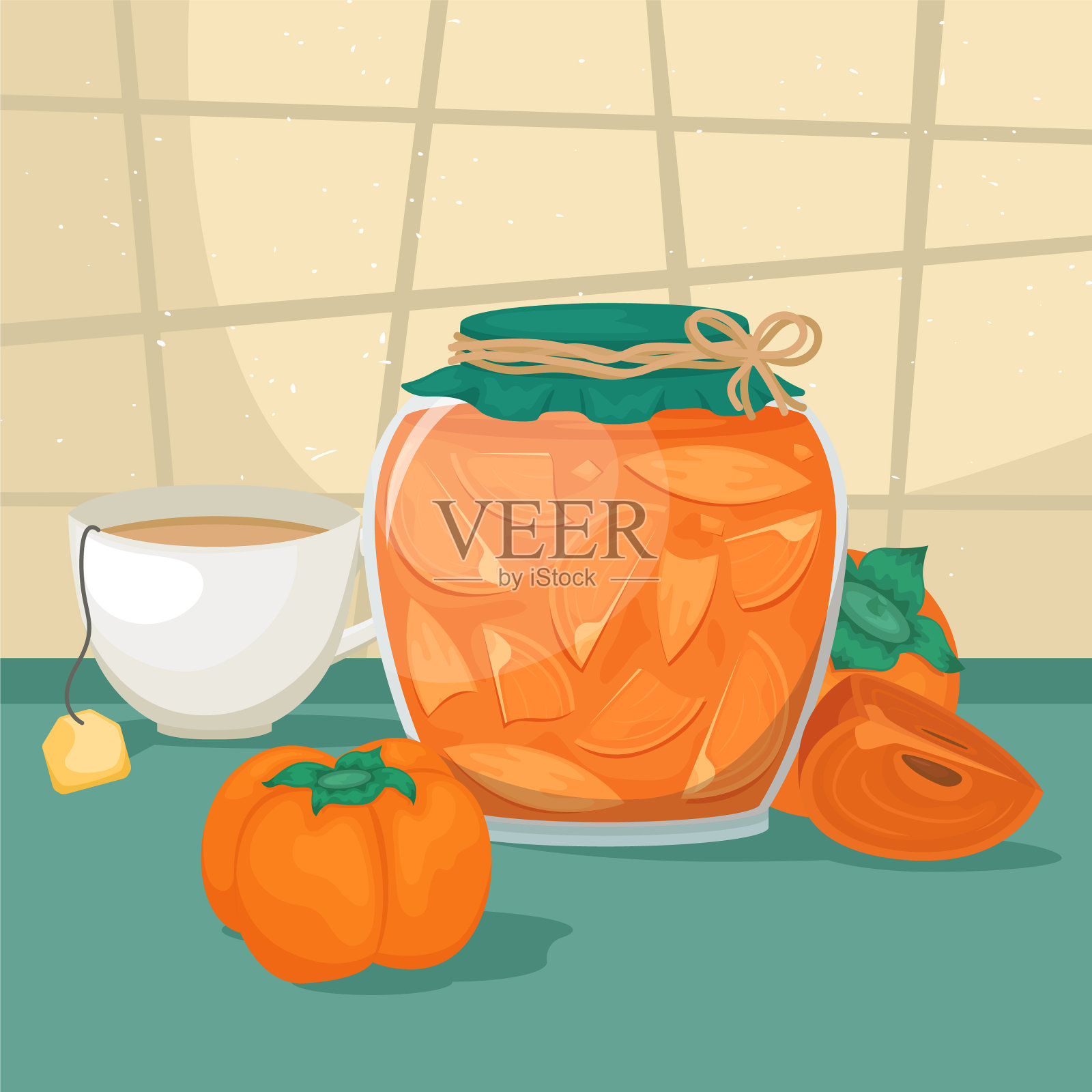 美味的柿子酱装在一个漂亮的罐子里插画图片素材