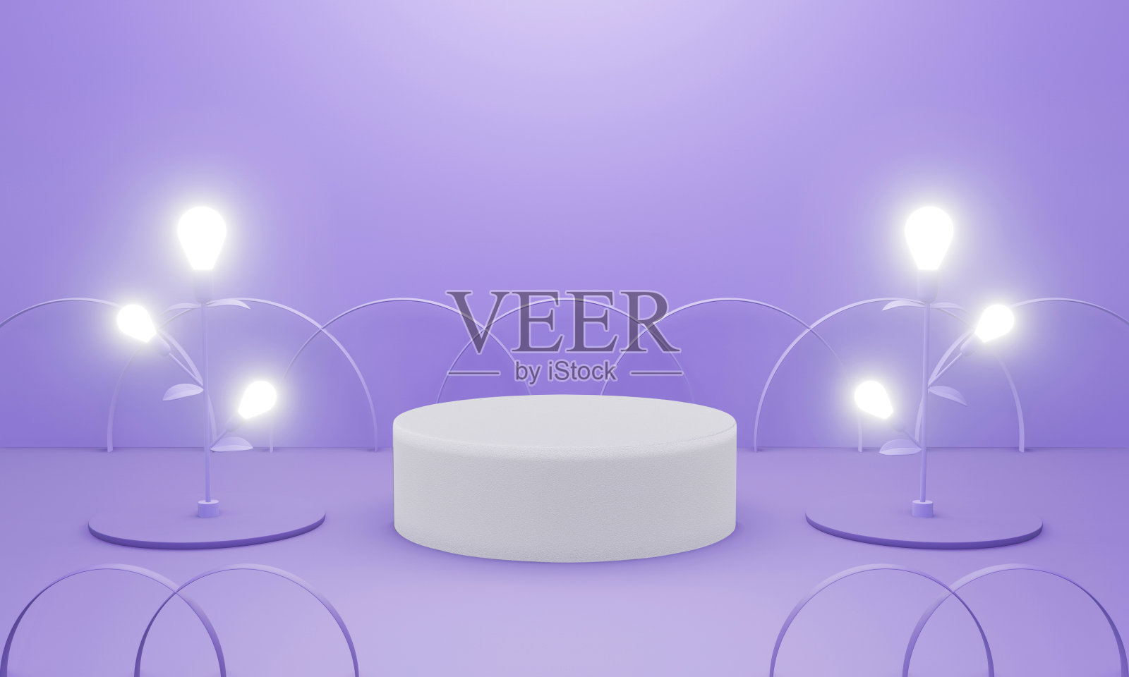 3d紫色讲台场景或基座上的蜡笔背景抽象几何在工作室。3d渲染横幅，显示产品模型设计。最小的创意概念与灯泡和栅栏。照片摄影图片