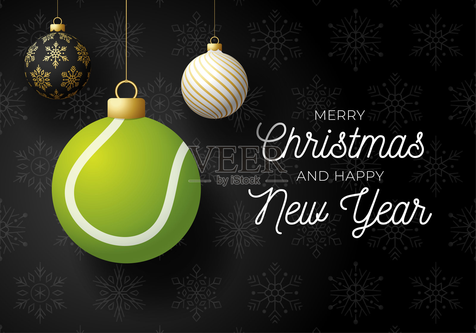 圣诞快乐，新年快乐，豪华体育贺卡。网球作为圣诞球在黑色的背景。矢量插图。设计元素图片