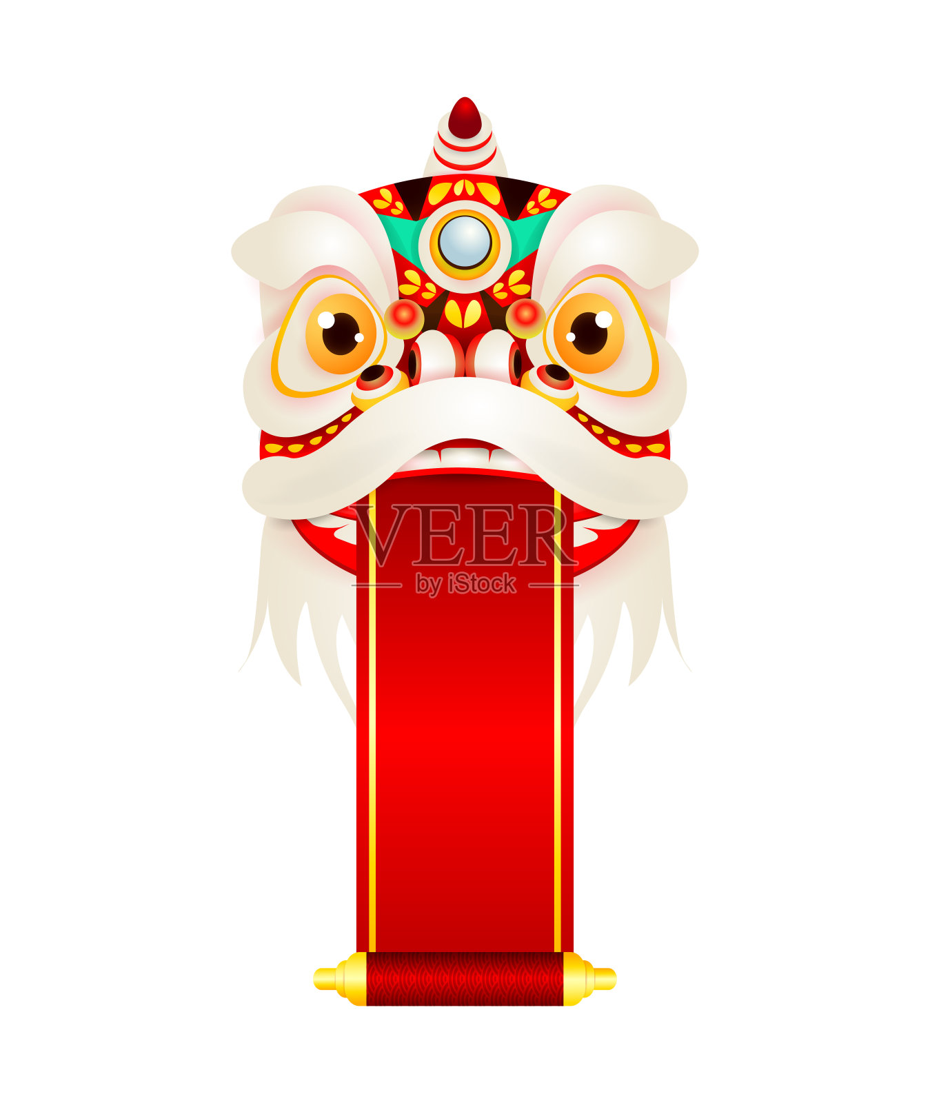 happy Chinese New Year Lion Dance Head with blank scroll, Mascot for luck Holding red sign decorated with gold, banner template poster卡通矢量插图孤立在白色背景上。插画图片素材