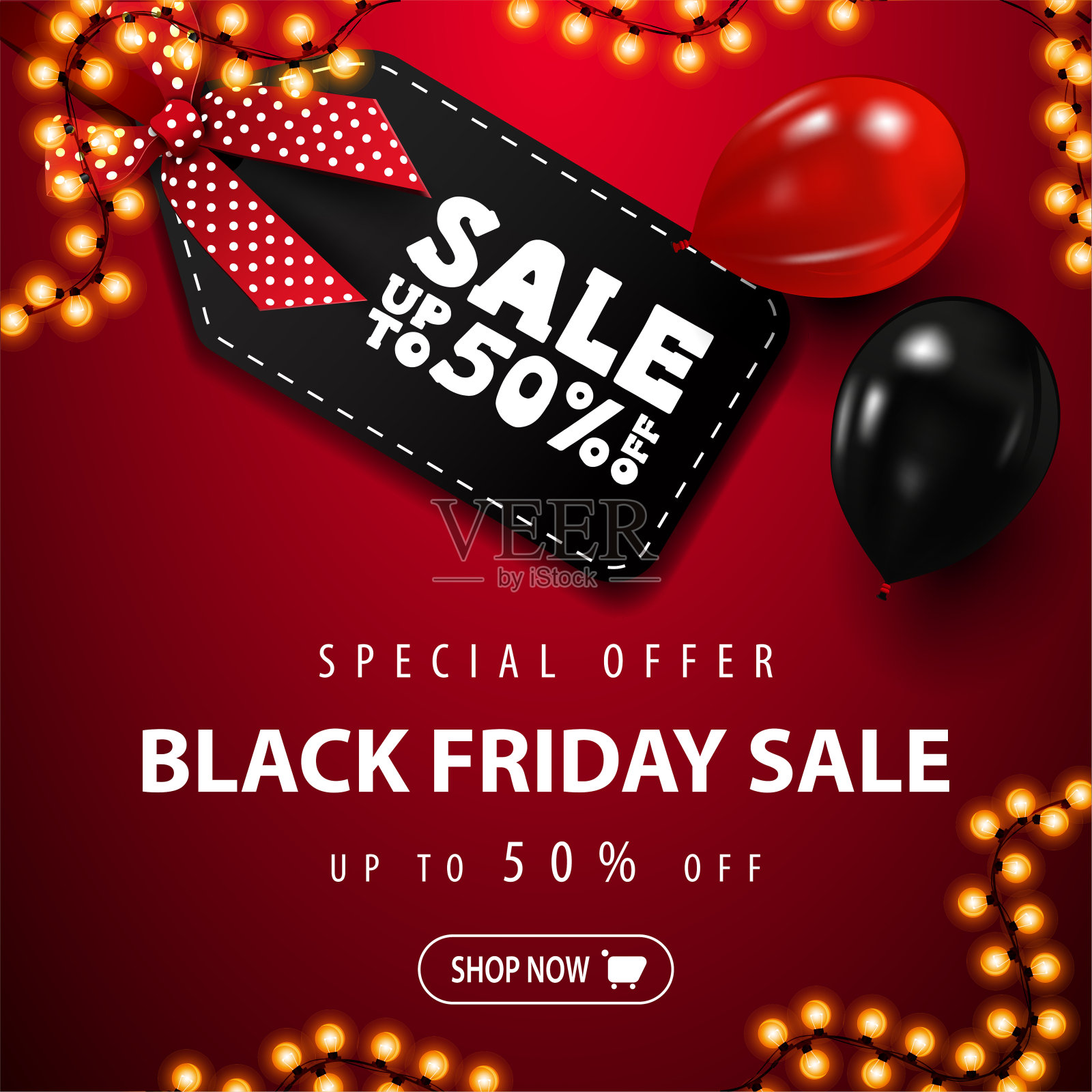 特别优惠，黑色星期五大减价，红色广场折扣横幅与大黑色价格标签与优惠，红色和黑色气球，花环框架和按钮，俯视图。设计元素图片
