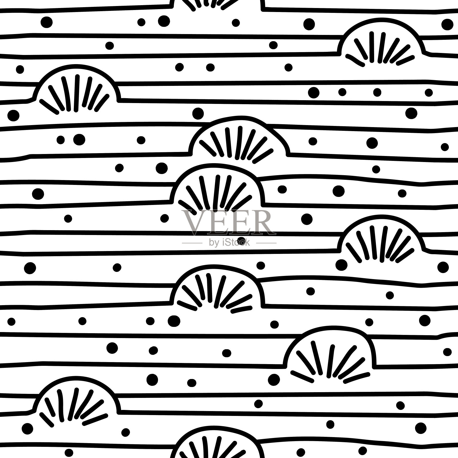 手绘几何无缝图案。一个连续的行。黑白涂鸦背景插画图片素材