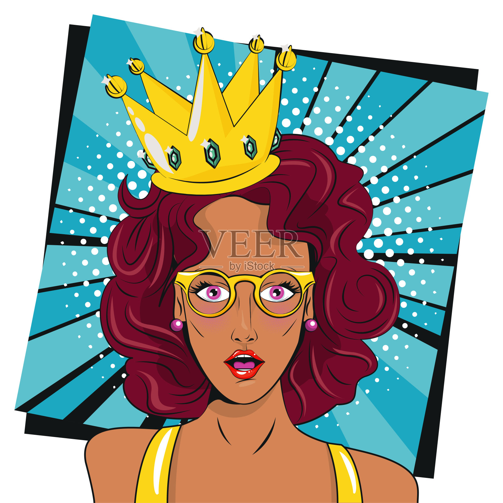 美丽的黑发女人戴着眼镜和皇冠波普艺术风格的海报插画图片素材