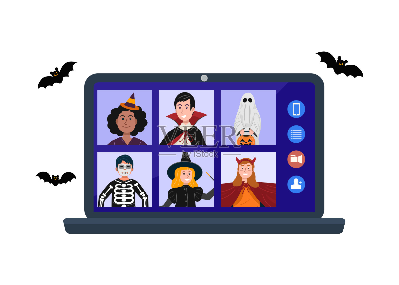 2019冠状病毒病(COVID-19)疫情爆发，孩子们在万圣节举行视频会议。向量设计模板素材