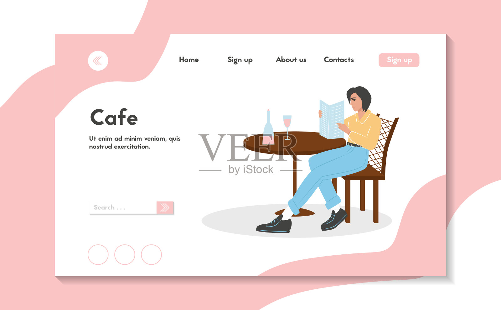 年轻女子在现代服装坐在咖啡厅或餐厅矢量平面卡通登陆页面设计。插画图片素材